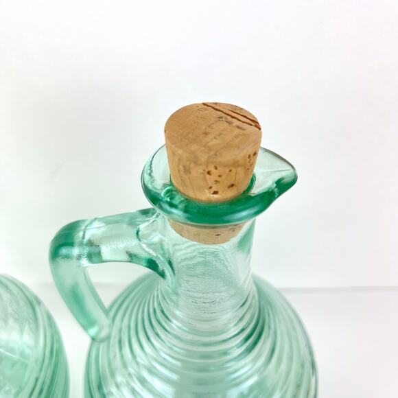 Crate and Barrel Cordoba Cruet Green Glass Set Oil and Vinegar - Picture 2 of 6